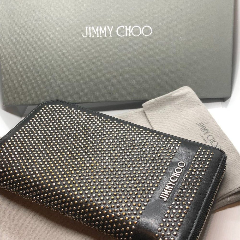 Genuine Jimmy Choo Studded Black Leather Zip Around Large Wallet /Clutch w/ Box